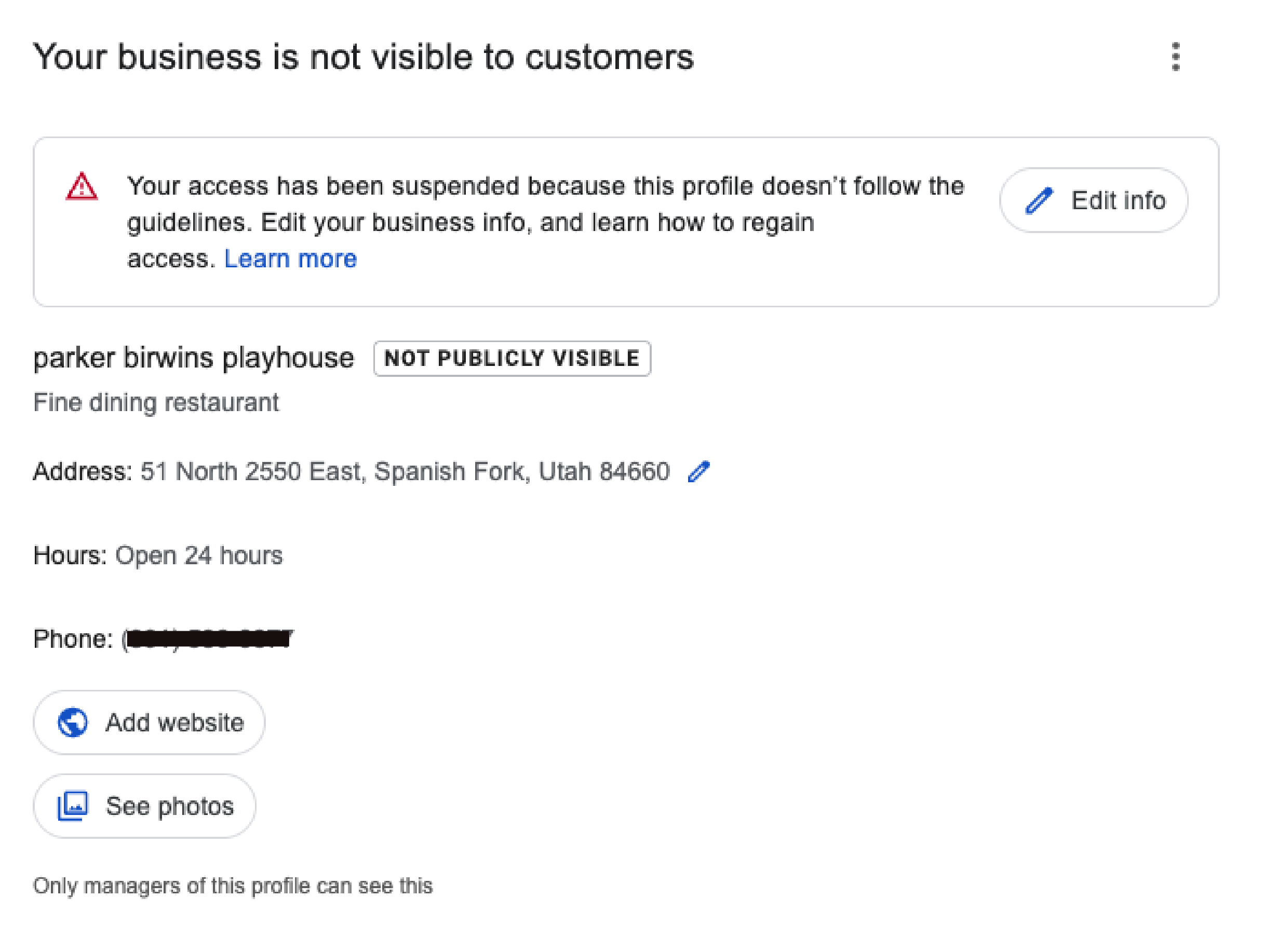 Google listing suspended screenshot